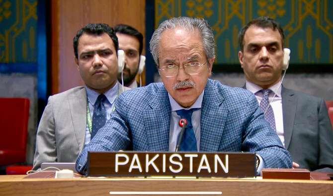 Ambassador Asim Iftikhar Ahmad, Permanent Representative-designate of Pakistan to the UN, speaks during the UN Security Council session on the political and humanitarian situation in Syria in New York, US, on March 25, 2025. @PakistanUN_NY/X)