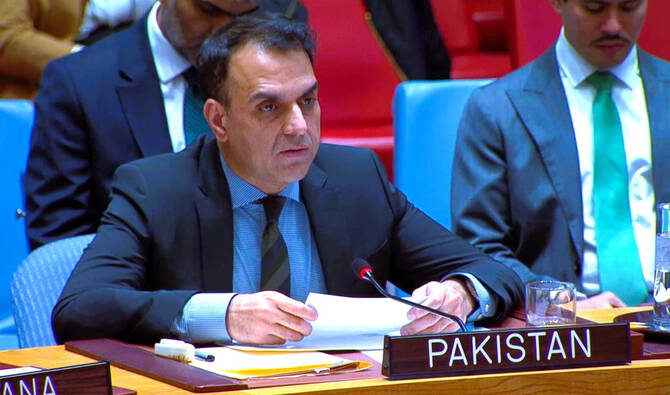 Pakistan’s Acting Permanent Representative Ambassador Usman Jadoon addresses the UN Security Council in New York, US, on December 23, 2025. (X/@PakistanUN_NY)