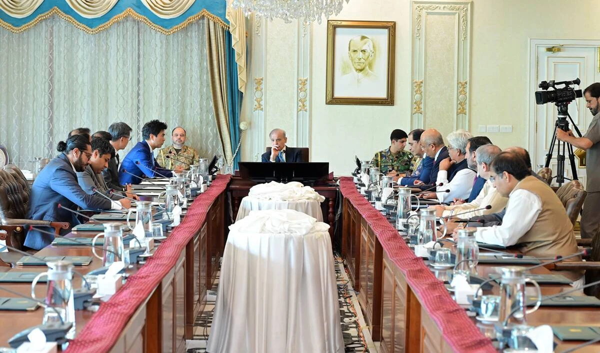 Pakistan Prime Minister Shehbaz Sharif (center) gestures during a meeting with a six-member delegation of the Chinese e-commerce giant Alibaba Group at the Prime Minister’s Office in Islamabad on July 10, 2025. (PMO/File)