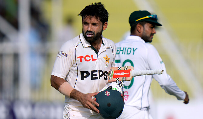 Pakistan's Mohammad Rizwan walks off the field after Pakistan declared their first innings during the second day of first cricket test match between Pakistan and Bangladesh, in Rawalpindi, Pakistan, Thursday, Aug. 22, 2024. (AFP/File)