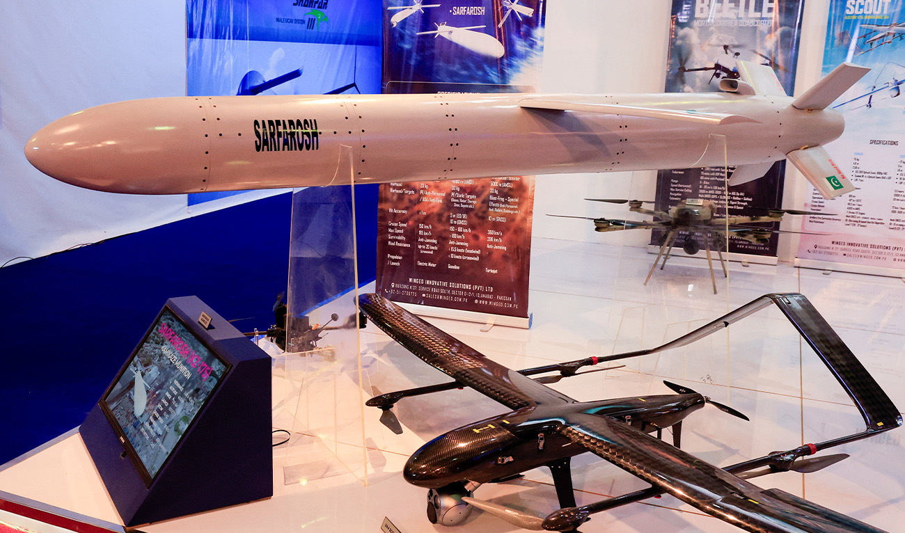 SARFAROSH, a long-range kamikaze (loitering munition) drone developed and manufactured by Winged Innovative Solutions (WIS) on display during the second edition of the Pakistan International Maritime Expo in Karachi, Pakistan, on November 4, 2025. (Reuters/File)