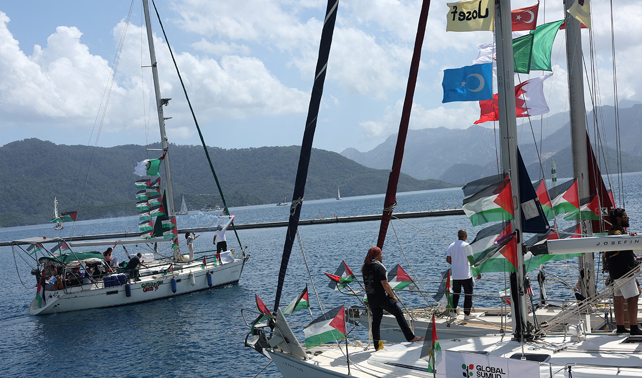 Boats taking part in the Global Sumud Flotilla, which aims to reach Gaza and break Israel’s naval blockade, set sail from a port in the southern Turkish resort of Marmaris, Turkiye, on May 14, 2026. (REUTERS/File)