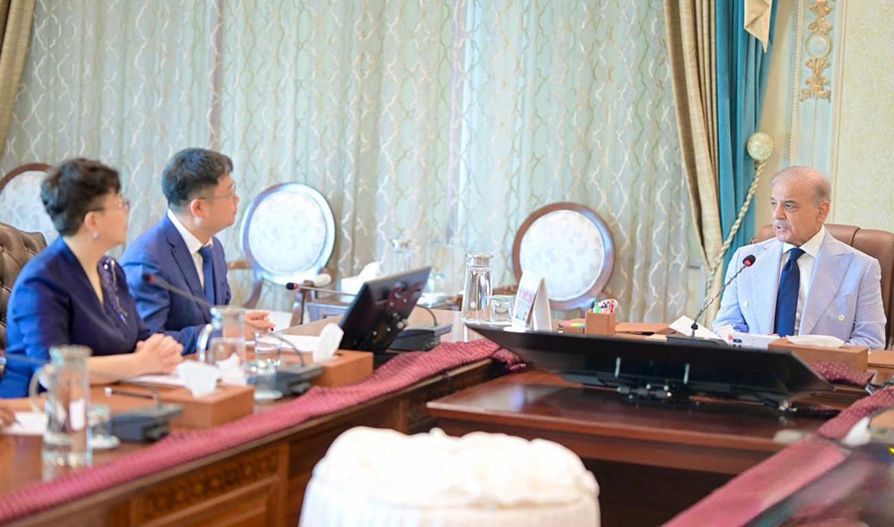 Prime Minister Shehbaz Sharif (right) speaks during a meeting with a delegation of IBI Beijing United Technology, an industrial e-commerce and digital platform, in Islamabad, Pakistan, on May 15, 2026. (PID)