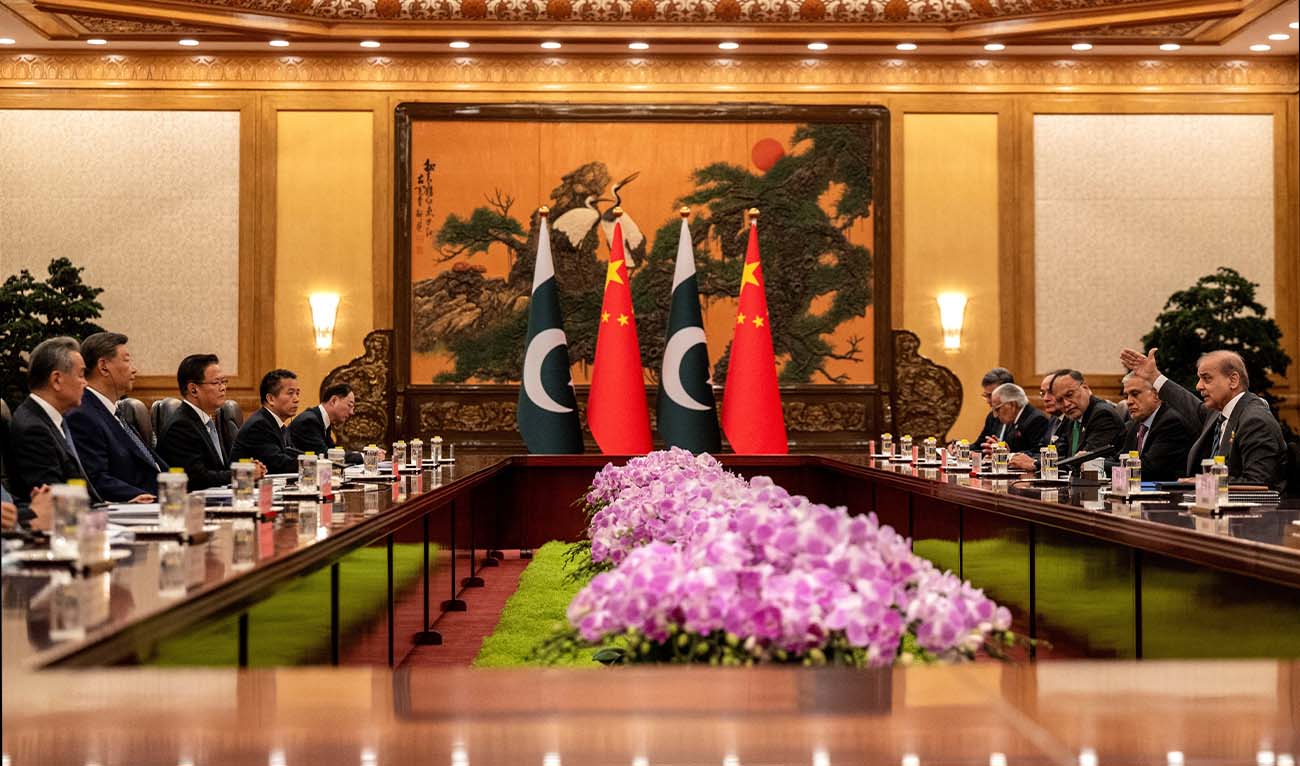 Pakistan Prime Minister Shehbaz Sharif (R) gestures as he speaks at the beginning of a meeting with Chinese President Xi Jinping (2nd-L) at The Great Hall of the People in Beijing on September 2, 2025. (AFP/ file)