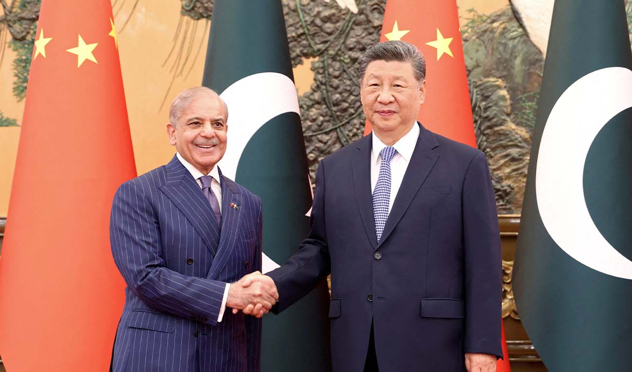 Chinese President Xi Jinping and Pakistani Prime Minister Shehbaz Sharif shake hands at the Great Hall of the People in Beijing, China May 25, 2026. (Reuters)