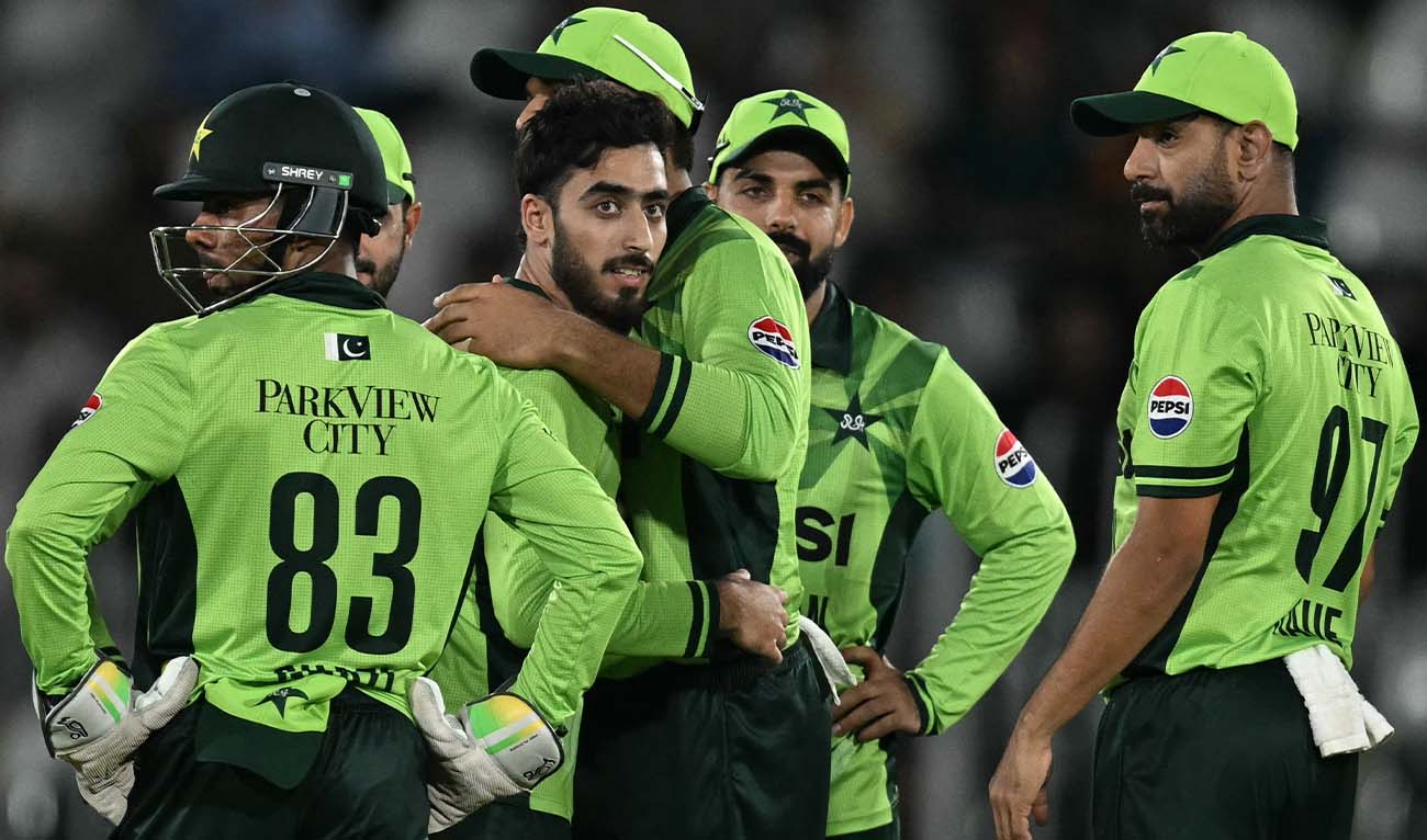 Pakistan's Arafat Minhas (C) celebrates with teammates after taking a five-wicket haul during the first one-day international (ODI) cricket match between Pakistan and Australia at the Rawalpindi Cricket Stadium in Rawalpindi on May 30, 2026. (AFP/ file)