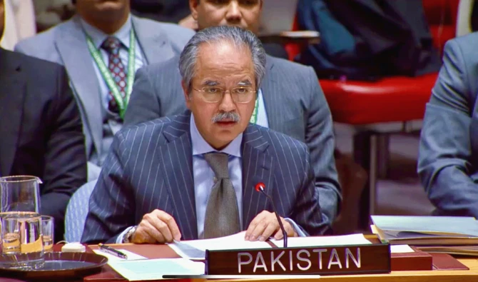 Pakistan's permanent representative to the United Nations, Asim Iftikhar Ahmad, speaking to the UN Security Council in New York, US, on November 17, 2025. (@PakistanUN_NY/X)