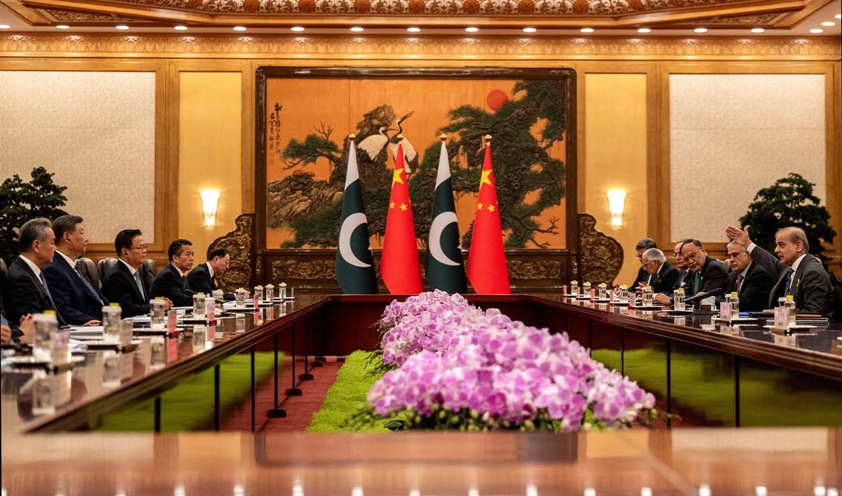 Pakistan Prime Minister Shehbaz Sharif (R) gestures as he speaks at the beginning of a meeting with Chinese President Xi Jinping (2nd-L) at The Great Hall of the People in Beijing on September 2, 2025. (AFP/ file)