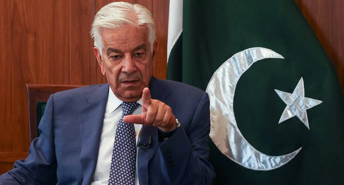 Pakistan's Defence Minister Khawaja Muhammad Asif gestures during an interview with Reuters in Islamabad, Pakistan, May 8, 2025. (REUTERS)