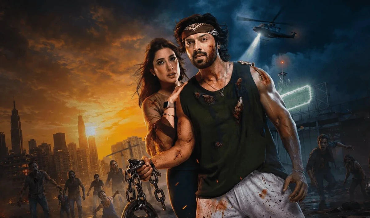 The official poster of Pakistani zombie action-comedy film Zombied, featuring Mehwish Hayat and Fahad Mustafa in lead roles.