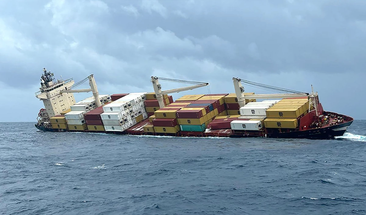 The photograph, taken and released on May 25, 2025, shows a Liberian-flagged container ship off India’s southern coast of Kerala. (AFP/File)