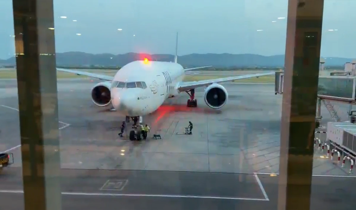 The screengrab taken from a video shows Pakistan International Airlines (PIA) flight PK742 that brought 114 passengers from Jeddah to Islamabad International Airport in Islamabad, Pakistan, on May 30, 2026. (Screengrab/PIA)