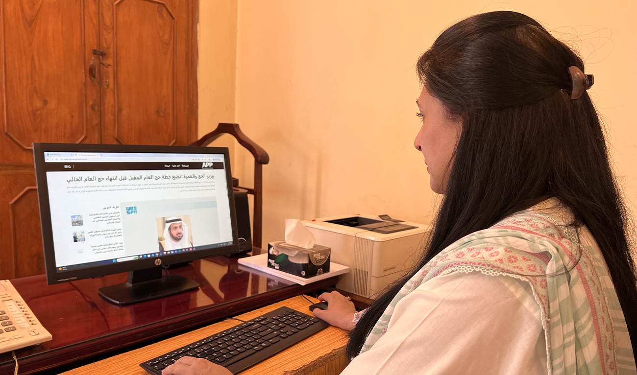Shumaila Andleeb, Director News of the Associated Press of Pakistan (APP), looks at the APP’s Arabic News website in her office in Islamabad, Pakistan, on May 23, 2026. (AN)