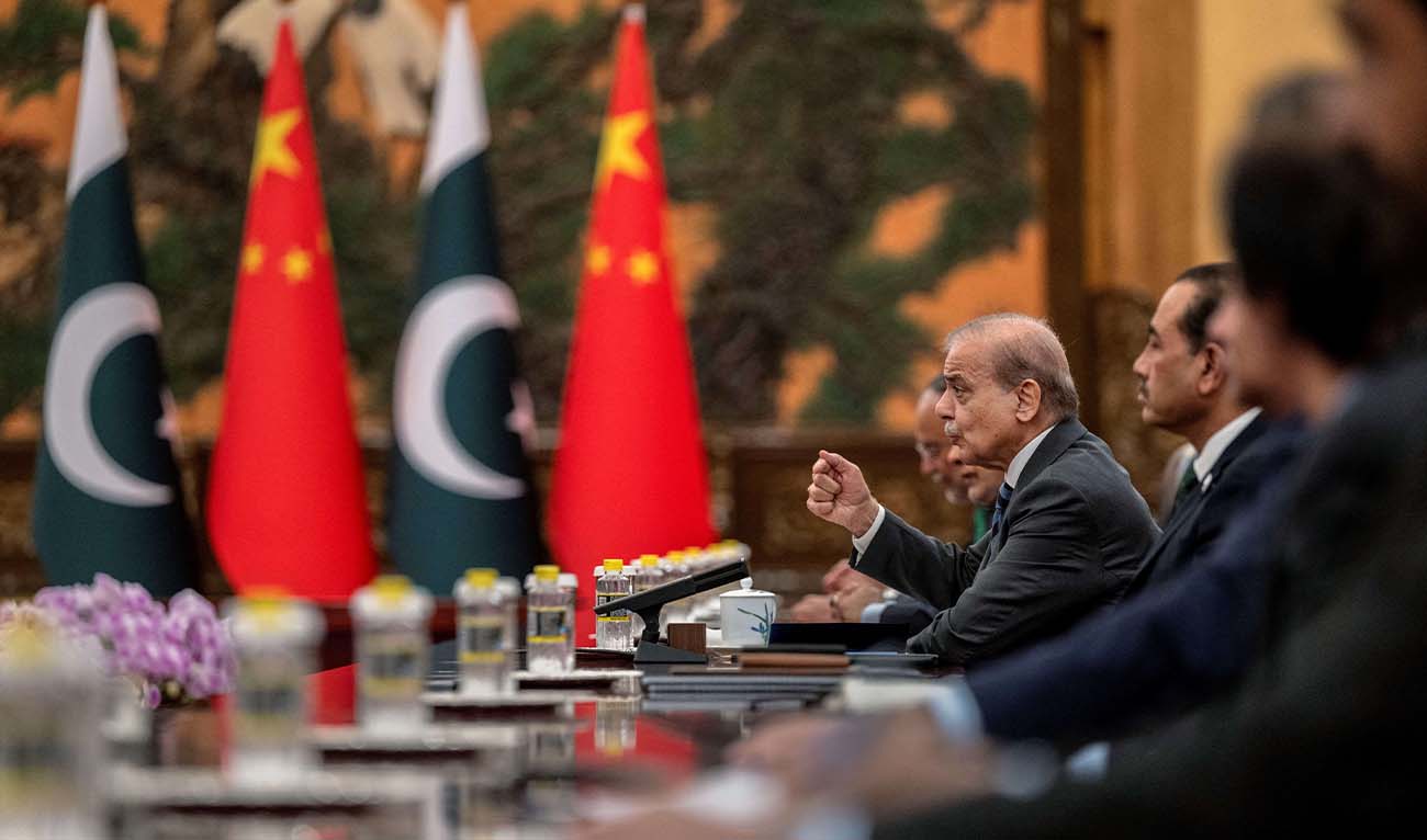 Pakistan Prime Minister Shehbaz Sharif (C) gestures as he speaks at the beginning of a meeting with Chinese President Xi Jinping (not pictured) at The Great Hall of the People in Beijing on September 2, 2025. (AFP/ file)