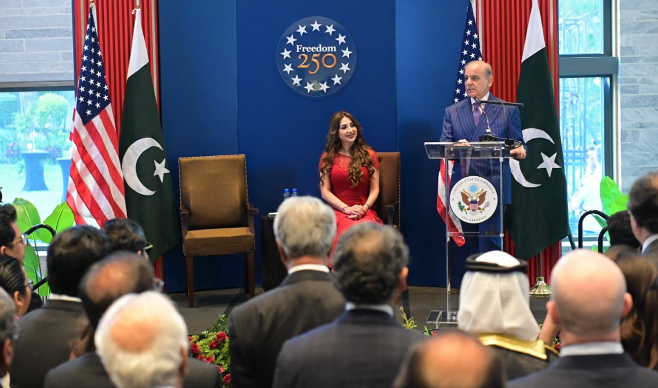 Prime Minister Shehbaz Sharif addresses a ceremony celebrating the 250th Independence anniversary of the United States of America at the US Embassy in Islamabad, Pakistan, on June 4, 2026. (PID)