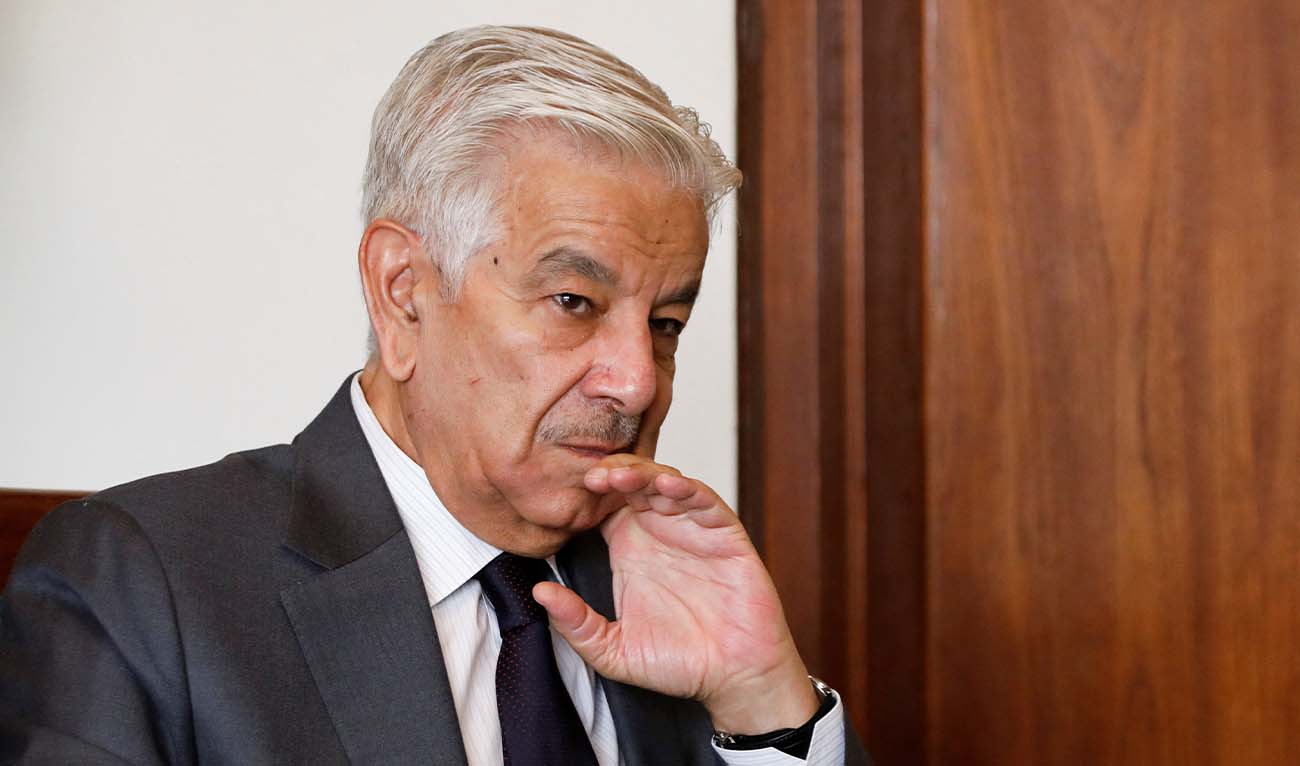 Pakistan's Defence Minister Khawaja Muhammad Asif looks on during an interview with Reuters in Islamabad, Pakistan, October 20, 2025. (REUTERS)