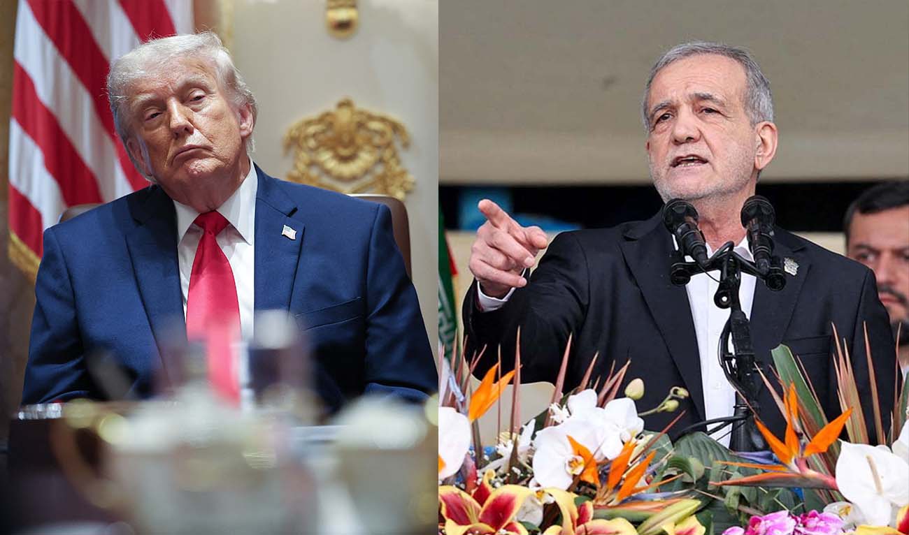 The combination of file photos shows U.S. President Donald Trump (L) listens to members of his Cabinet speak during a meeting in the Cabinet Room of the White House on May 27, 2026 in Washington, DC, and Iranian President Masoud Pezeshkian speaks during the 47th anniversary of the Islamic Revolution in Tehran, Iran, February 11, 2026. (AFP/ Reuters)