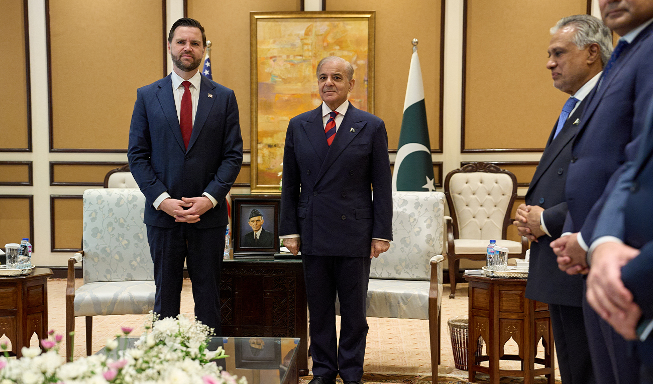 US Vice President JD Vance (left) is welcomed by Pakistani Prime Minister Shehbaz Sharif ahead of their meeting on Iran amid the US-Iran peace talks in Islamabad on April 11, 2026. (AFP/File)