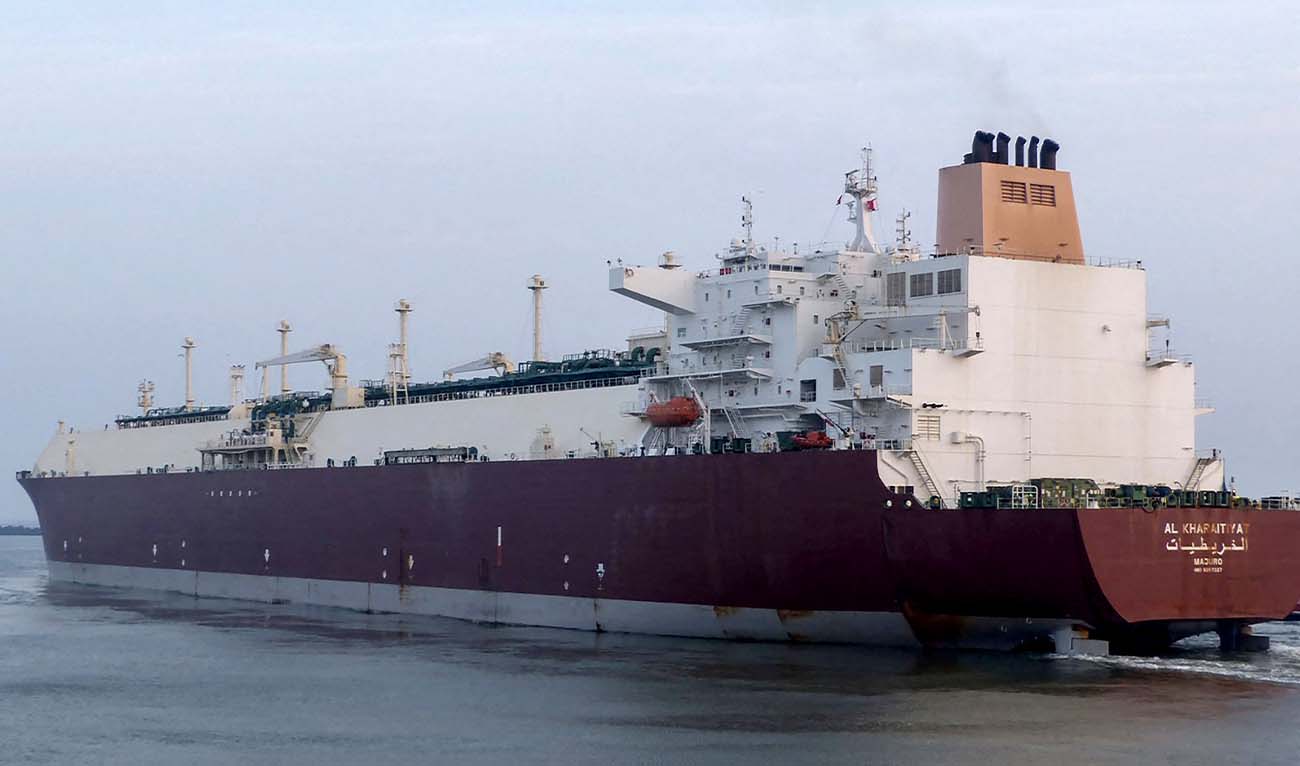 This handout photograph by the Port Qasim Authority (PQA) taken and released on May 13, 2026 shows the Qatari LNG tanker MV Al Kharaitiyat arriving at Engro Elengy Terminal (EETL) in Karachi. (AFP)