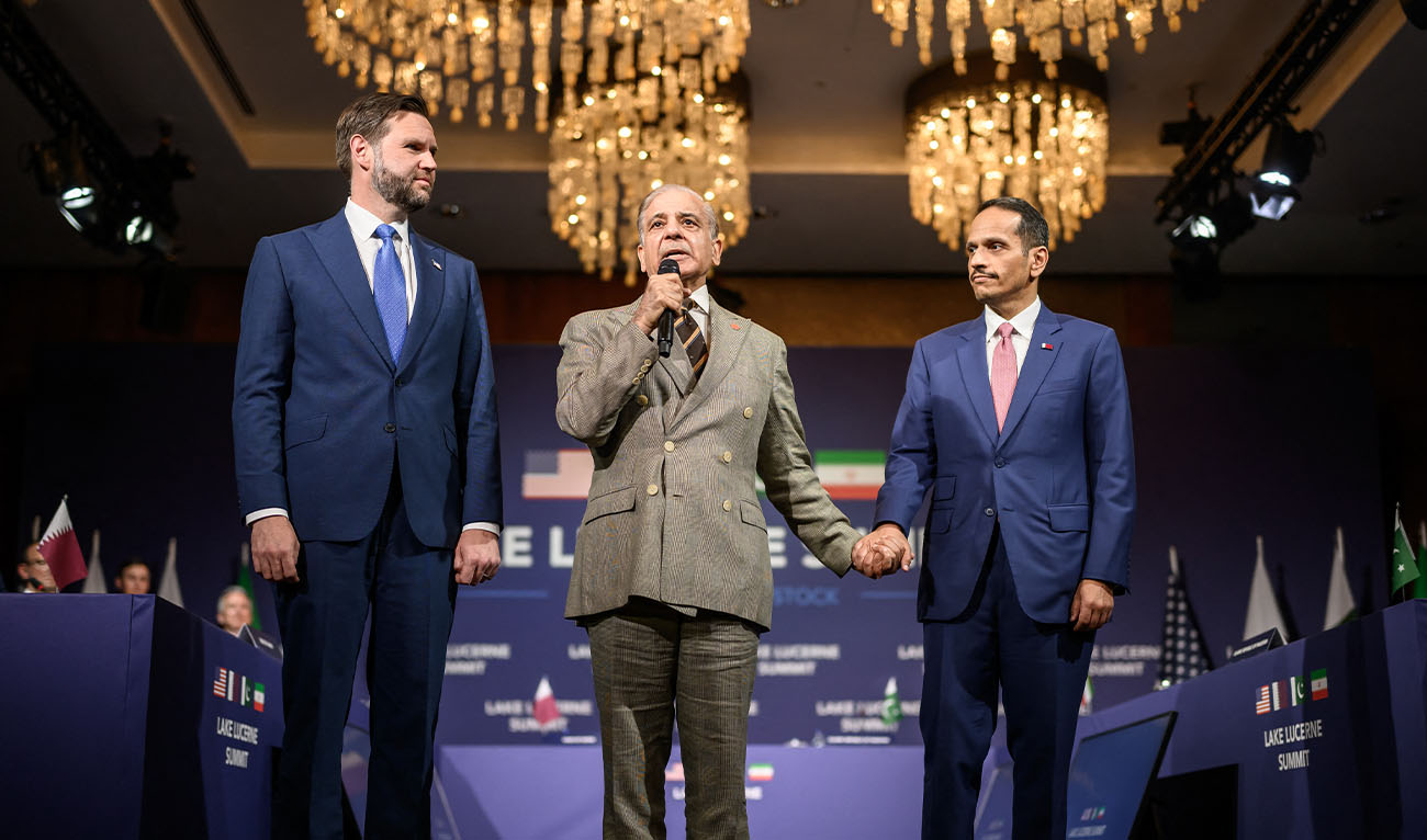 Pakistan's Prime Minister Shehbaz Sharif (C) speaks next to US Vice President JD Vance (L) and Qatar's Prime Minister Sheikh Mohammed bin Abdulrahman bin Jassim al-Thani prior to a quadrilateral meeting between the United States, Iran, Pakistan and Qatar at the Burgenstock luxury hotel complex overlooking Lake Lucerne, Switzerland, on June 21, 2026. (AFP)