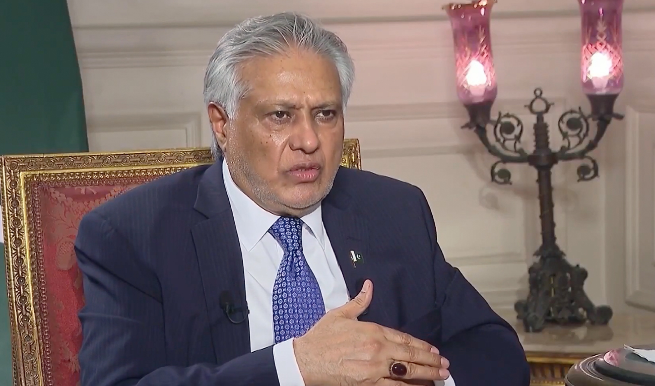 The screengrab taken from a video shows Deputy Prime Minister and Foreign Minister Ishaq Dar speaking during an interview with Al-Arabiya TV. (Screengrab/Al-Arabiya)