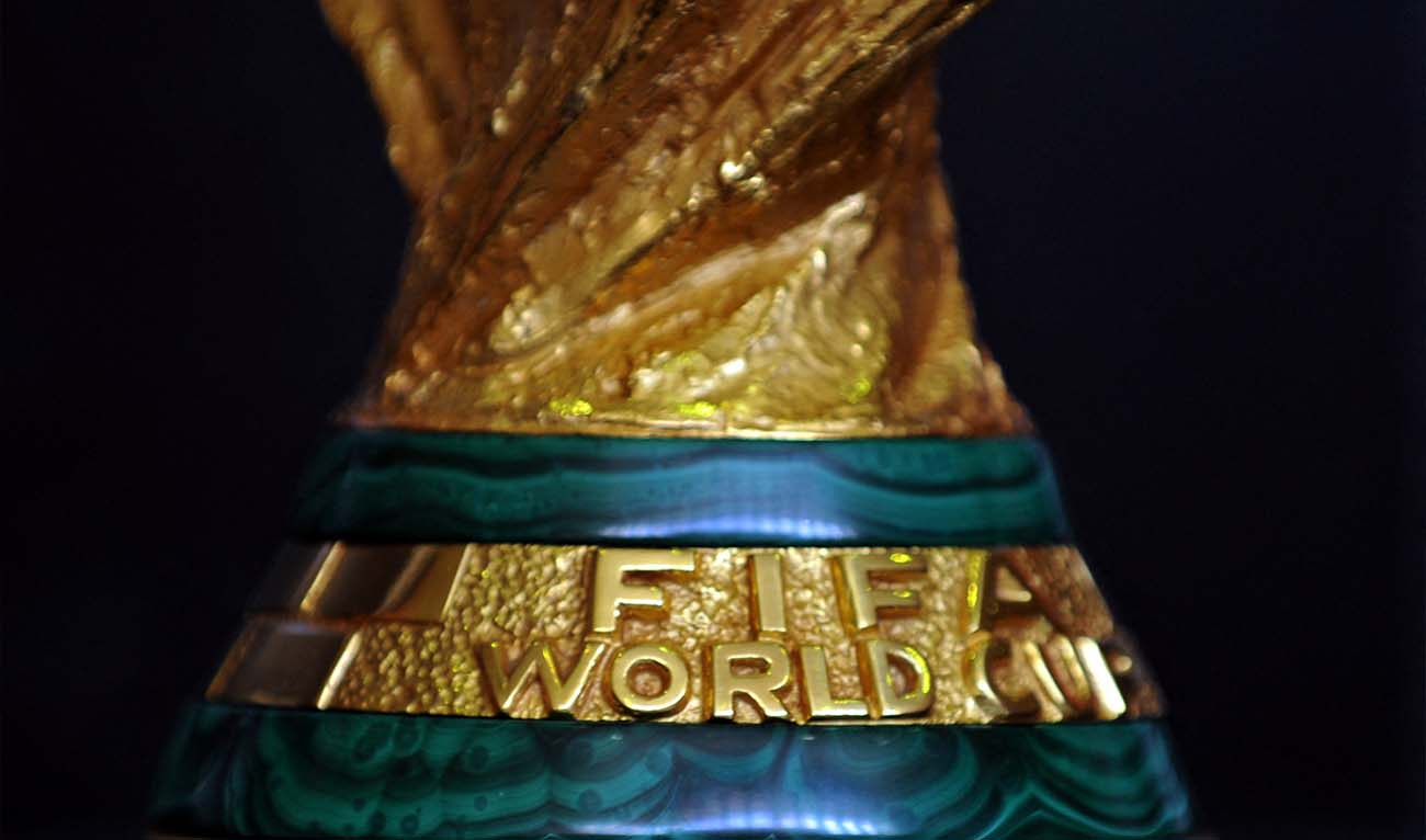 The FIFA World Cup trophy is displayed for the media at the private airport in the Saudi capital, Riyadh, on December 9, 2013. (AFP/ file)