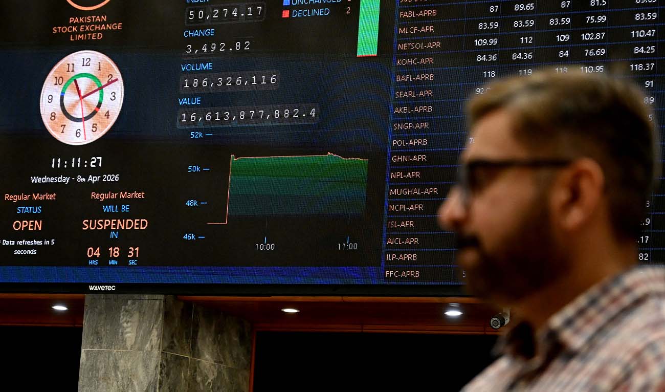 A stockbroker walks past share prices on a digital board during a trading session at the Pakistan Stock Exchange (PSX) in Karachi on April 8, 2026. (AFP/ file)