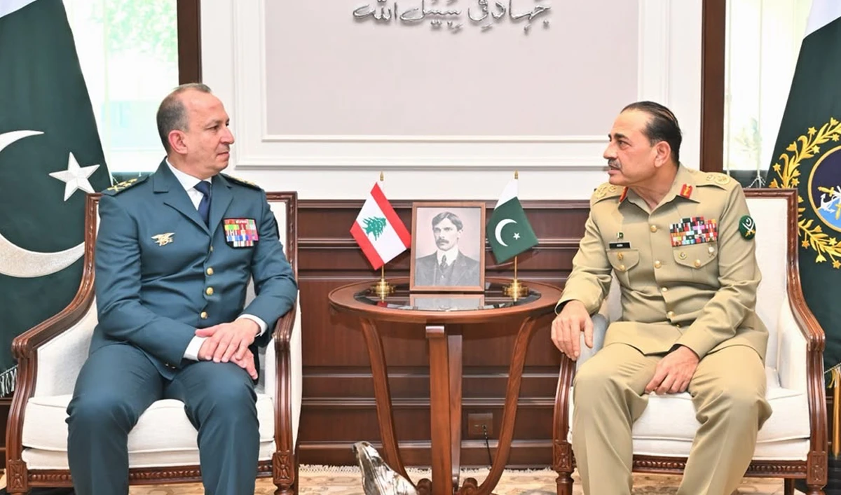The handout photograph released on June 9, 2026, shows Pakistan’s Chief of Defense Staff and Army Chief Field Marshal Syed Asim Munir meeting Lebanese Armed Forces Commander-in-Chief General Rodolphe Haykal (left) at the army headquarters in Rawalpindi, Pakistan. (ISPR)