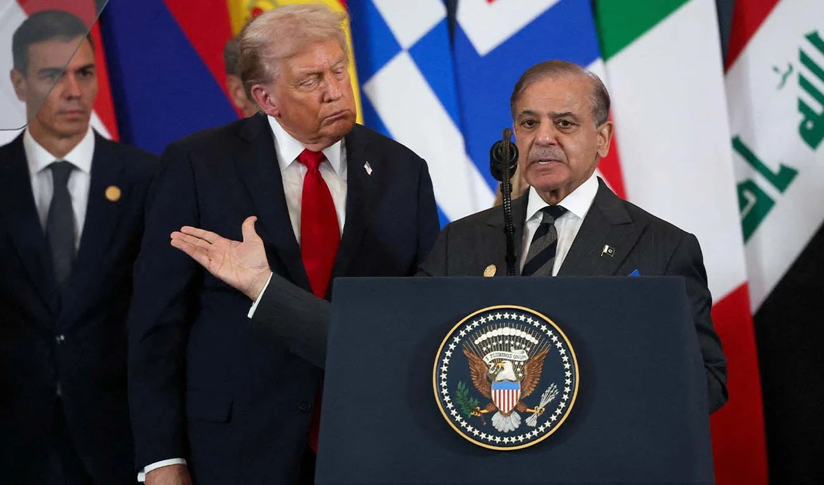 Pakistani Prime Minister Shehbaz Sharif (R) speaks as US President Donald Trump listens during the Gaza summit in Sharm El-Sheikh on October 13, 2025. (AFP/ file)