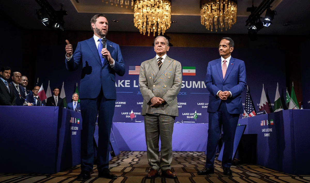 US Vice President JD Vance (left) speaks next to Pakistan's Prime Minister Shehbaz Sharif (center) and Qatar's Prime Minister and Minister for Foreign Affairs Sheikh Mohammed bin Abdulrahman bin Jassim Al-Thani at the start of a quadrilateral meeting between the United States, Iran, Pakistan and Qatar at the Burgenstock luxury hotel complex overlooking Lake Lucerne, Switzerland, on June 21, 2026. (AFP/File)