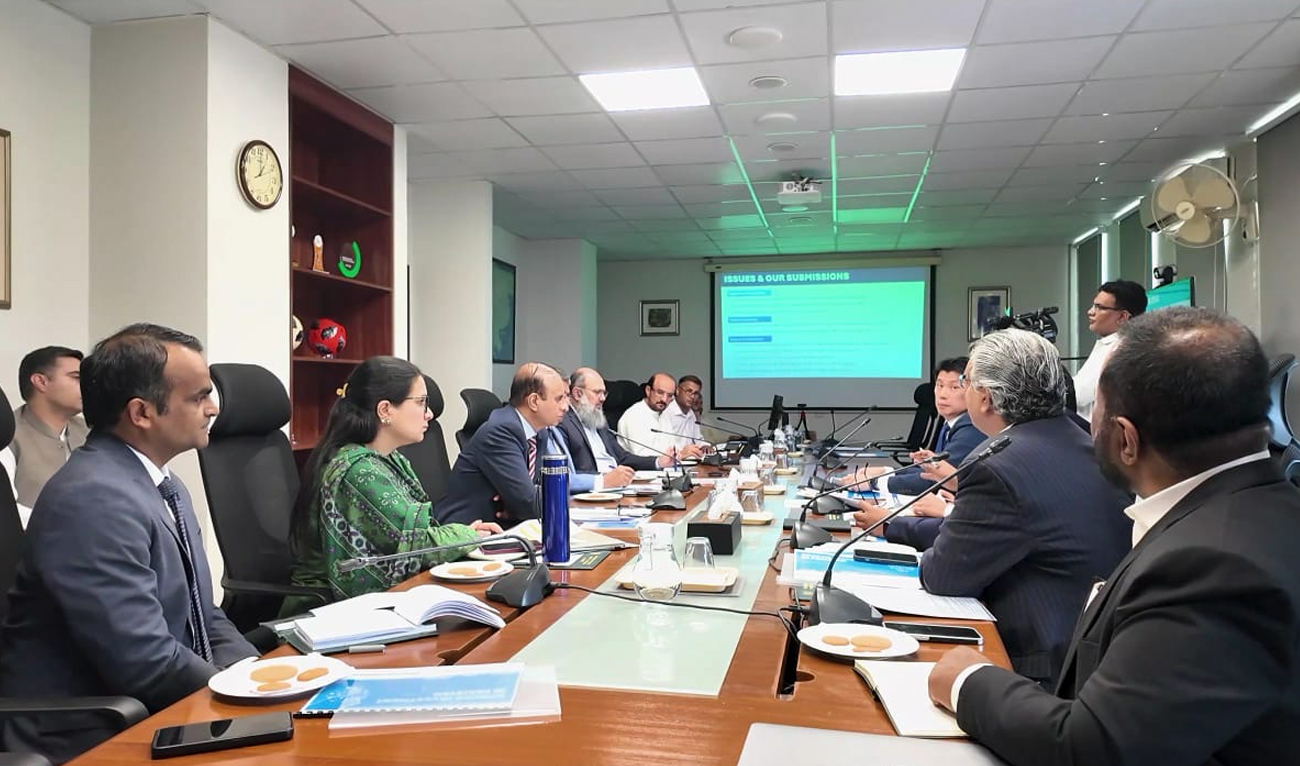 The handout photograph released on July 1, 2026, shows Pakistan’s Commerce Minister Jam Kamal Khan meeting a delegation from the South Korean state-owned power company KOEN in Islamabad, Pakistan.
