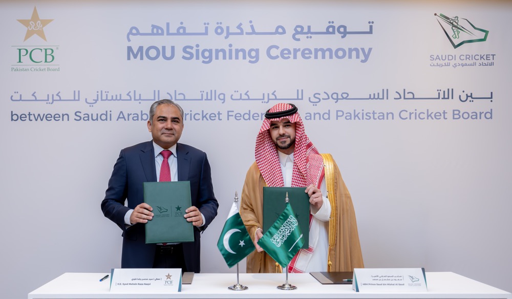 The agreement was signed by Prince Saud bin Mishal bin Mohammad Al Saud, chairman of the Saudi Arabian Cricket Federation (SACF) and Pakistan Cricket Board (PCB) Chairman Mohsin Naqvi, who is also Pakistan’s interior minister. (Supplied)