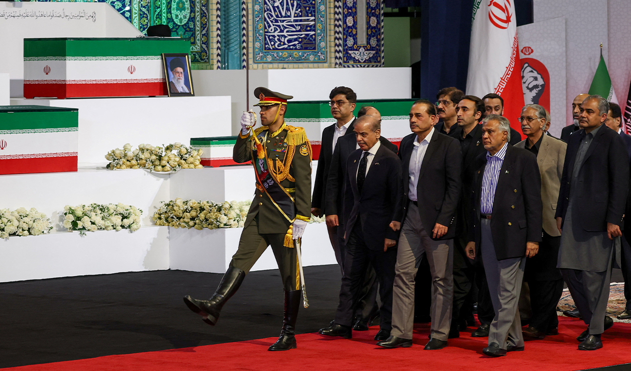 Pakistan’s Prime Minister Shehbaz Sharif and other members of a Pakistani delegation attend a farewell ceremony for Iran’s late Supreme Leader Ayatollah Ali Khamenei, at the Imam Khomeini Grand Mosalla in Tehran, Iran, on July 3, 2026. (REUTERS)
