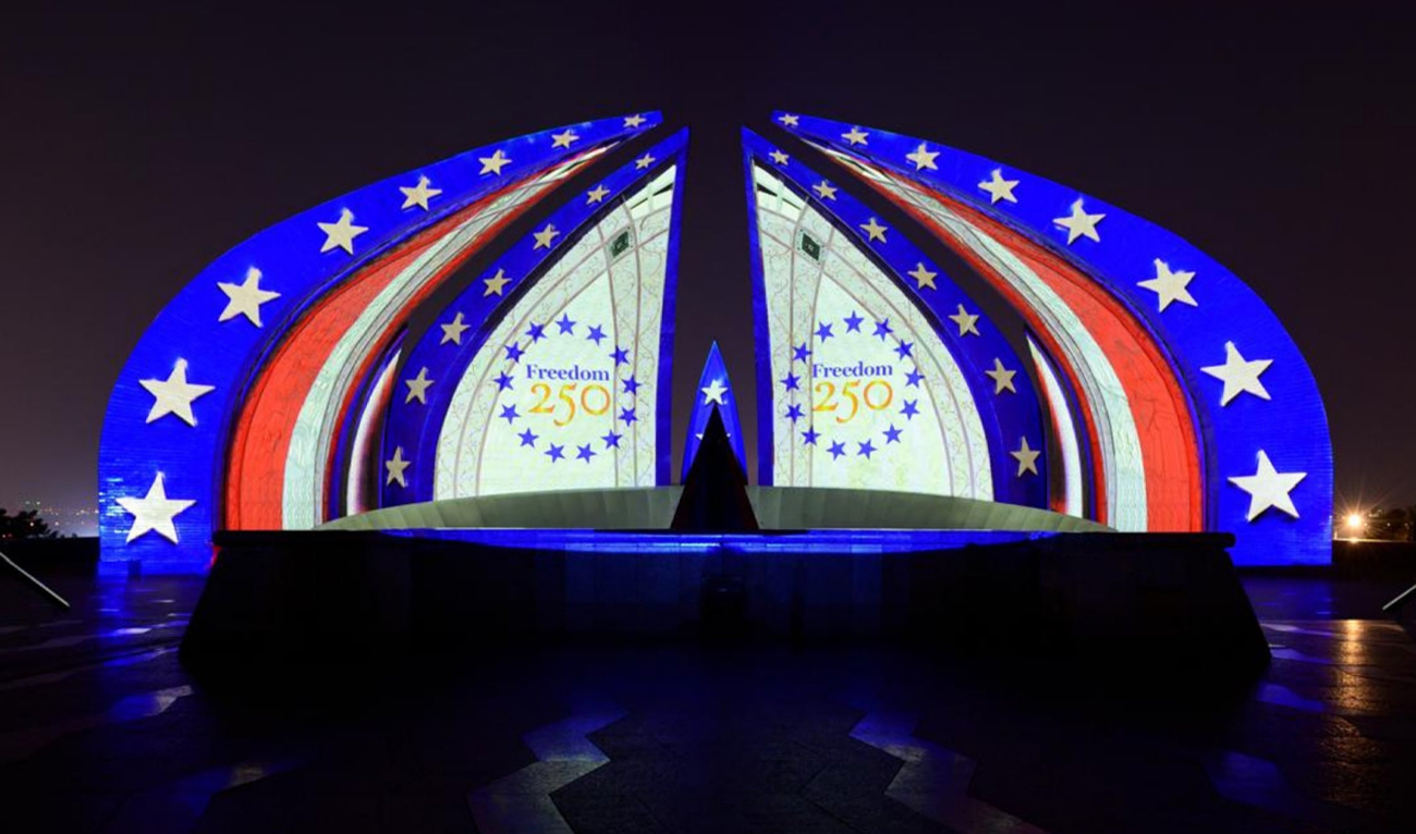 A photograph released on July 4, 2026, shows the Pakistan Monument illuminated in the colors of the US flag to mark the 250th anniversary of US independence in Islamabad, Pakistan. (X/@usembislamabad)