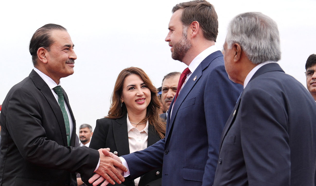 U.S. Vice President JD Vance shakes hands with Pakistan's Chief of Defence Forces and Chief of Army Staff Field Marshall Asim Munir as Charge d'Affaires of the U.S. Embassy in Islamabad Natalie A. Baker and Pakistani Deputy Prime Minister and Foreign Minister Mohammad Ishaq Dar look on, after arriving for talks with Iranian officials in Islamabad, Pakistan, Saturday, April 11, 2026. (Reuters/File)
