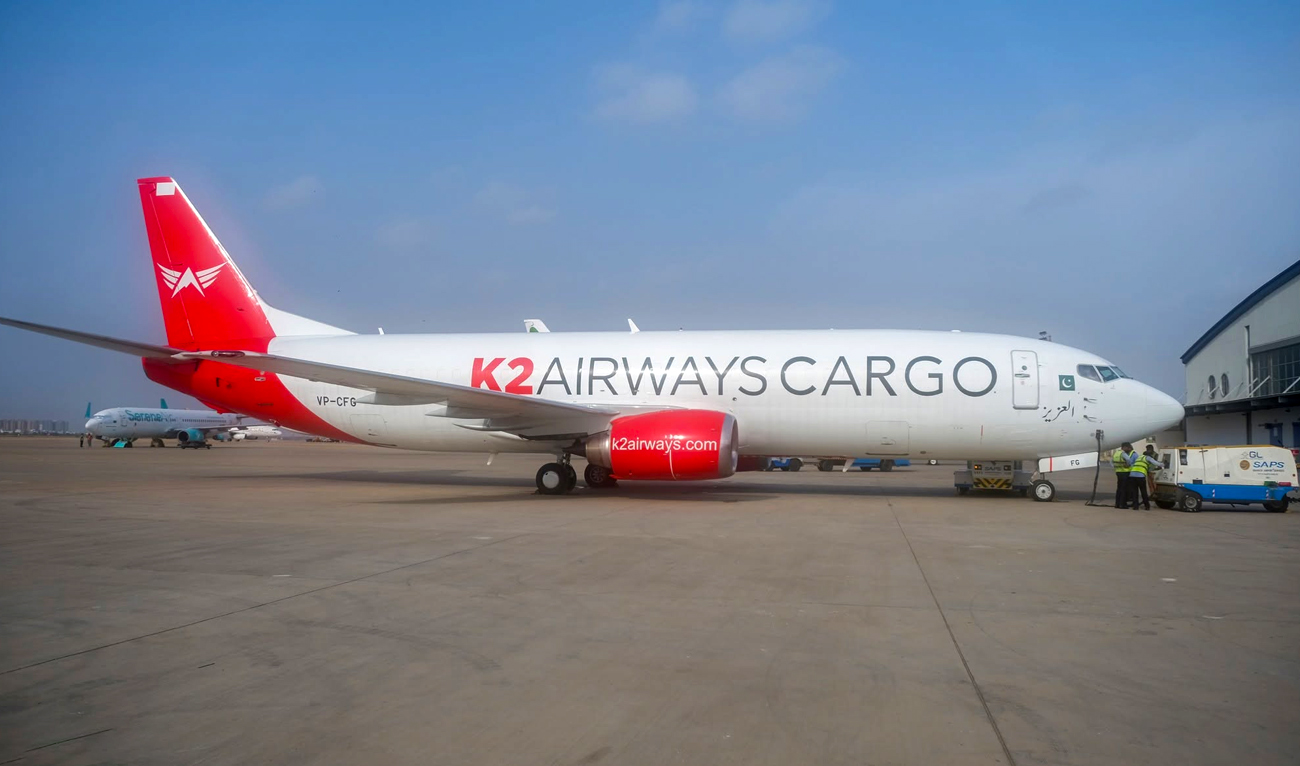 The photograph released on July 3, 2024, shows a K2 Airways cargo plane parked at Jinnah International Airport in Karachi, Pakistan. (Facebook/ K2Airways/File)