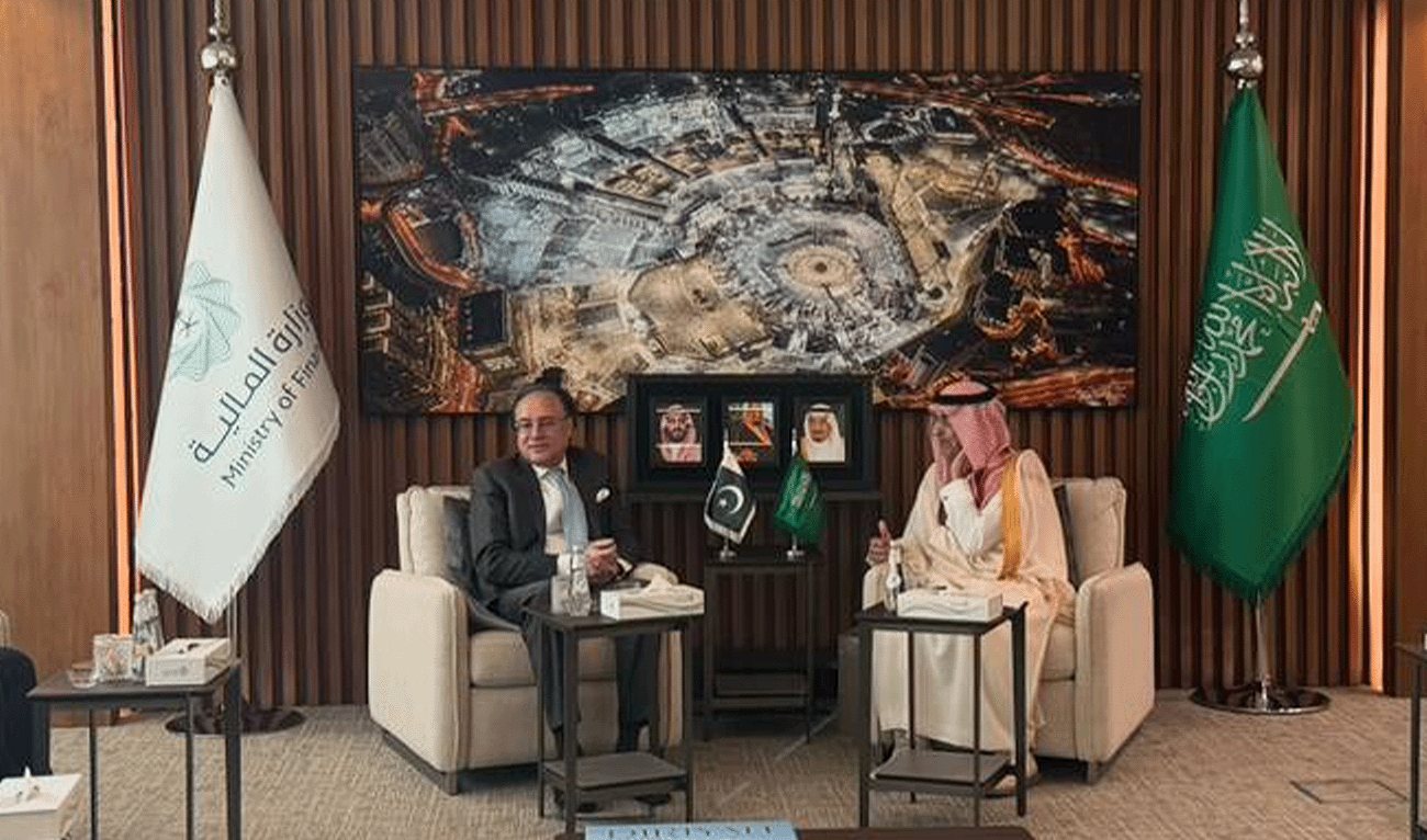 Pakistan's Minister of Religious Affairs Muhammad Aurangzeb in conversation with Saudi Finance Minister Mohammed bin Abdullah Al-Jadaan in Riyadh, Saudi Arabia in a picture shared by Pakistan's Finance Ministry on July 12, 2026. (Government of Pakistan)