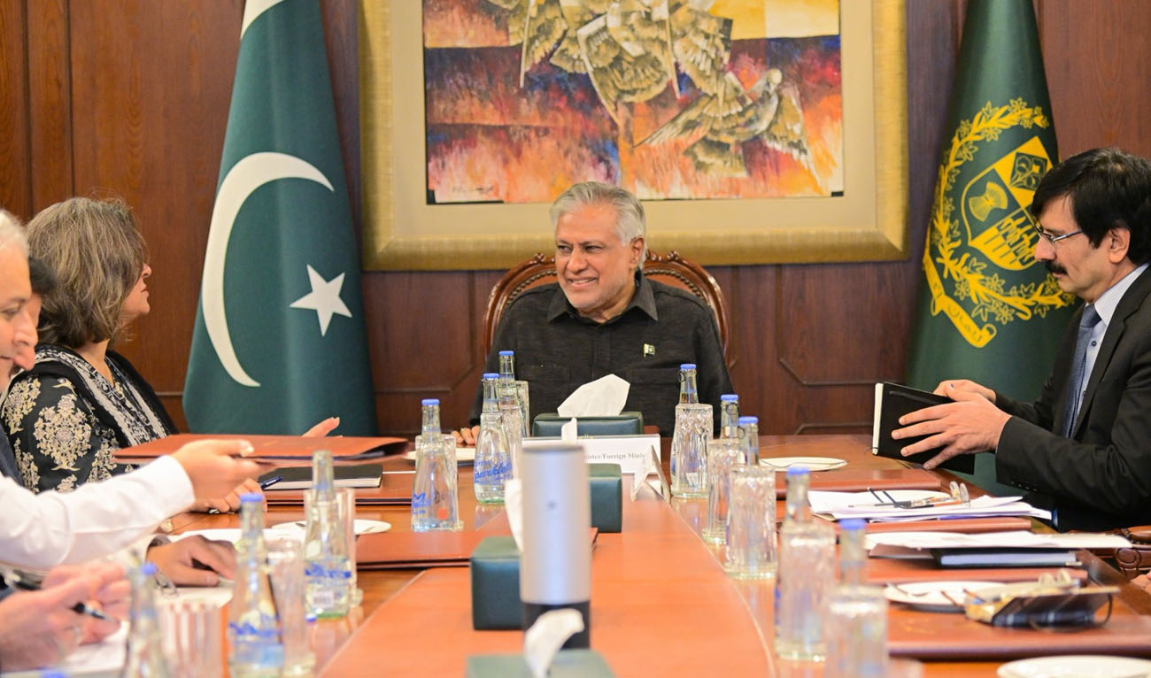 Pakistan Foreign Minister Senator Ishaq Dar (center) held a meeting with Foreign Secretary Ambassador Amna Baloch and senior officials of the Ministry of Foreign Affairs in Islamabad, Pakistan, on July 18, 2026. (@ForeignOfficePk/X)