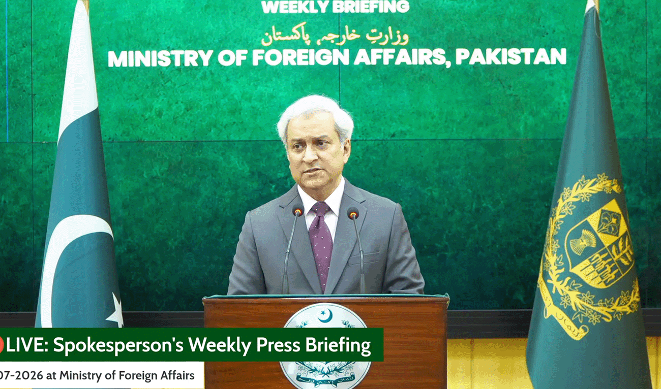 Screengrab showing Pakistan's Foreign Office Spokesperson Tahir Andrabi pictured during weekly press briefing of the Foreign Office in Islamabad, Pakistan on July 23, 2026. (@ForeignOfficePk/X)