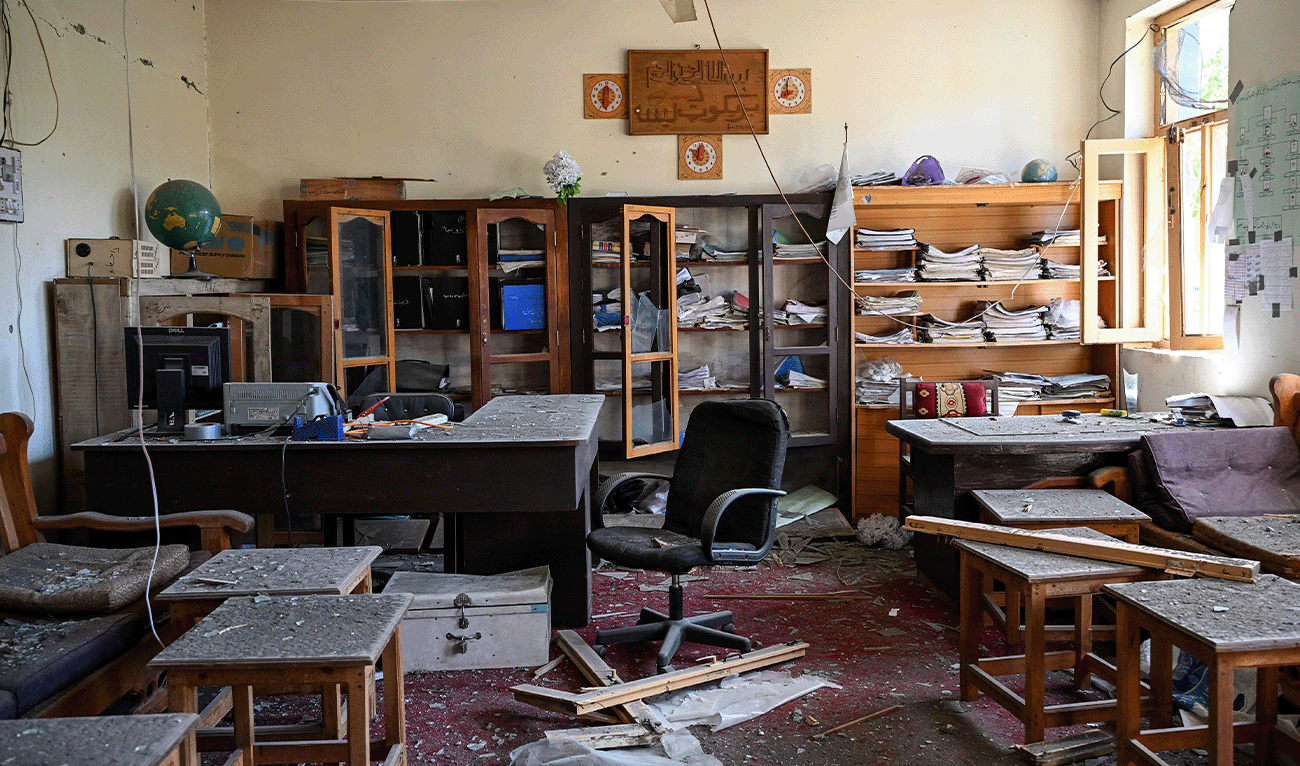 This photograph taken on April 13, 2026 shows damaged school administration area after allegedly being struck by a Pakistani mortar shell during clashes between Taliban security personnel and Pakistani forces near the Durand Line in the Barikot village of Naray district, Kunar province. (AFP/File)