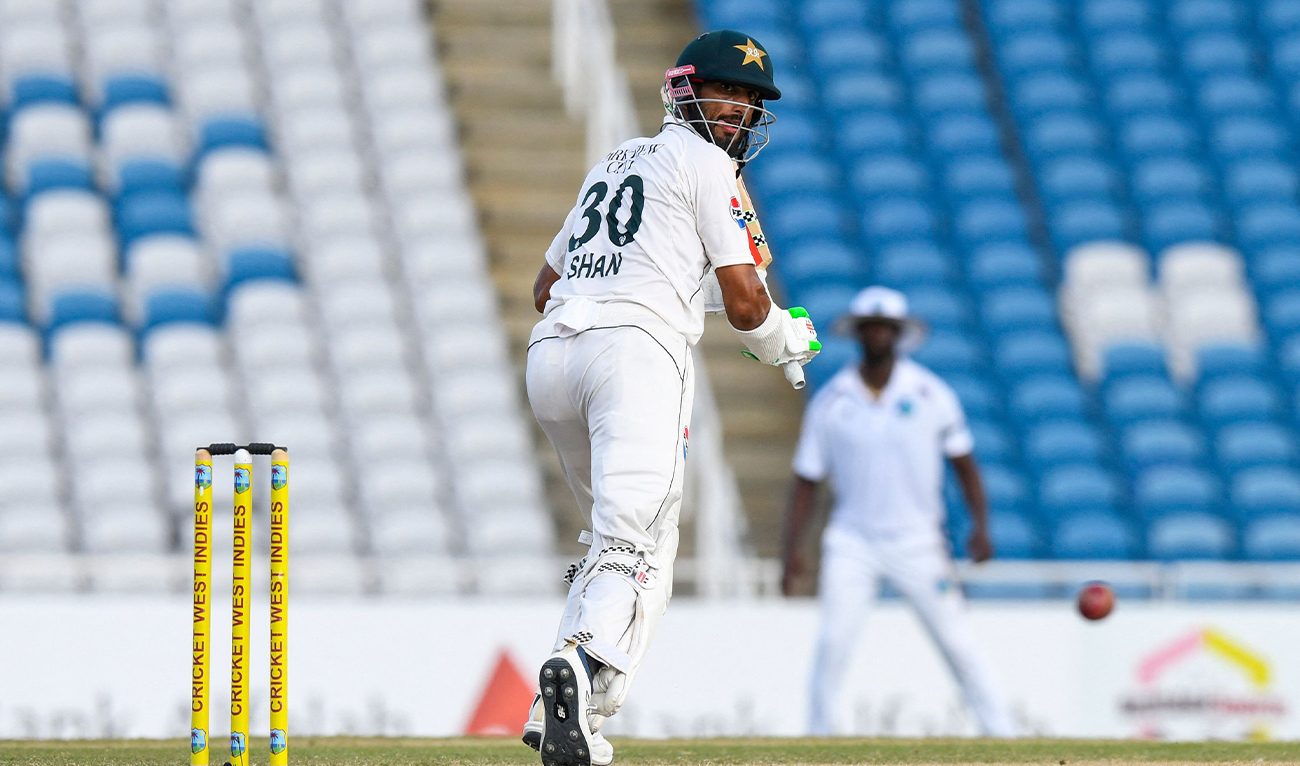 Shan Masood of Pakistan during the 2nd day of 1st Test match between West Indies and Pakistan at Brian Lara Cricket Academy in Tarouba, Trinidad and Tobago on July 26, 2026. (AFP)