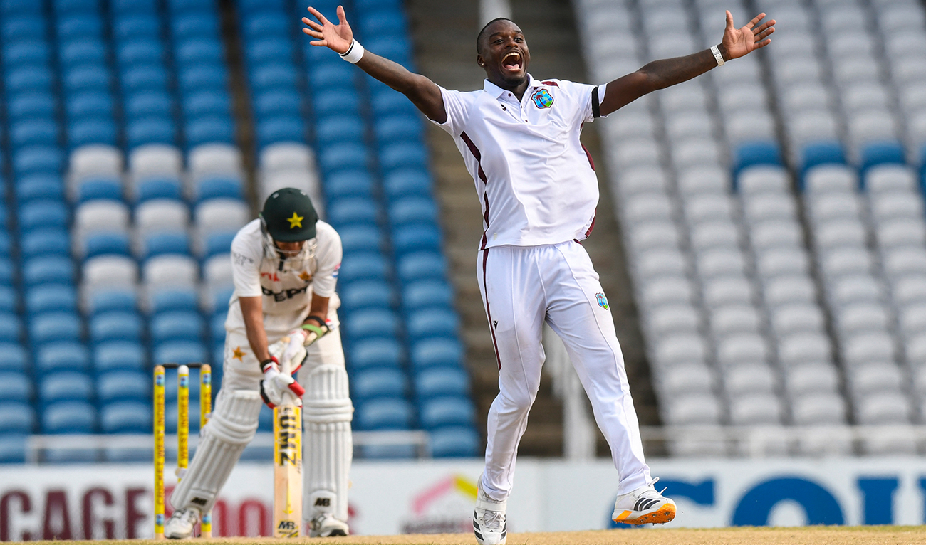 Jayden Seales of West Indies appeals for lbw against Mohammad Abbas (left) of Pakistan during the fourth day of the first Test cricket match between West Indies and Pakistan at the Brian Lara Cricket Academy in Tarouba, Trinidad and Tobago, on July 28, 2026. (AFP)