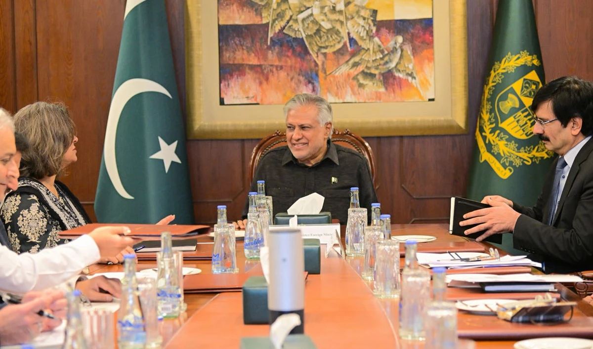 Pakistan Foreign Minister Senator Ishaq Dar (center) held a meeting with Foreign Secretary Ambassador Amna Baloch and senior officials of the Ministry of Foreign Affairs in Islamabad, Pakistan, on July 18, 2026. (@ForeignOfficePk/X)
