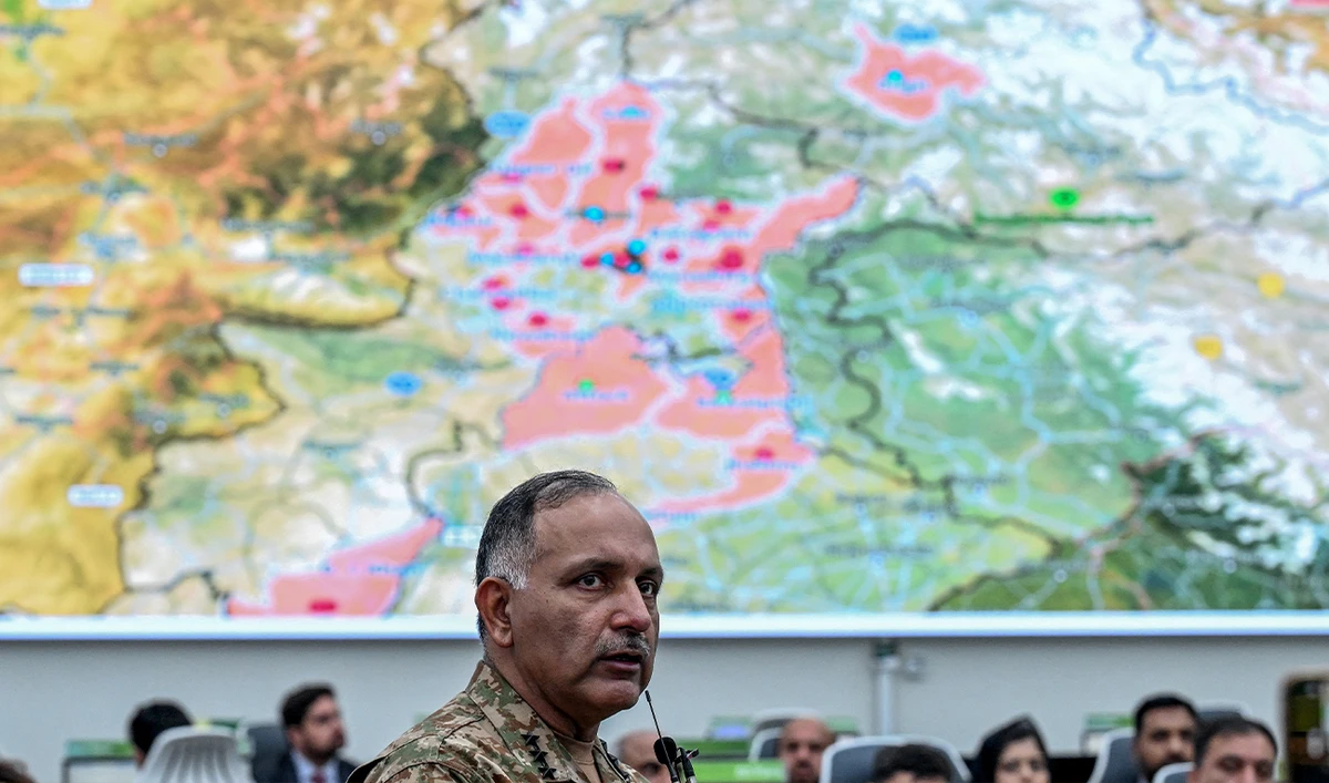 Chairman of the National Disaster Management Authority (NDMA), Lieutenant General Inam Haider, speaks during a media briefing on the ongoing monsoon-related climate disaster in Islamabad on August 17, 2025. (AFP/ fiel)