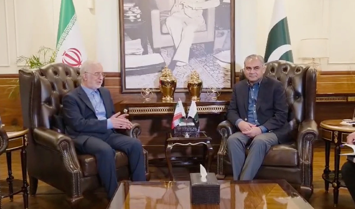 The screengrab taken from a video shows Iranian Interior Minister Eskandar Momeni (left) speaks during a meeting with Pakistani Interior Minister Mohsin Naqvi in Islamabad, Pakistan, on July 22, 2026. (Interior Ministry)