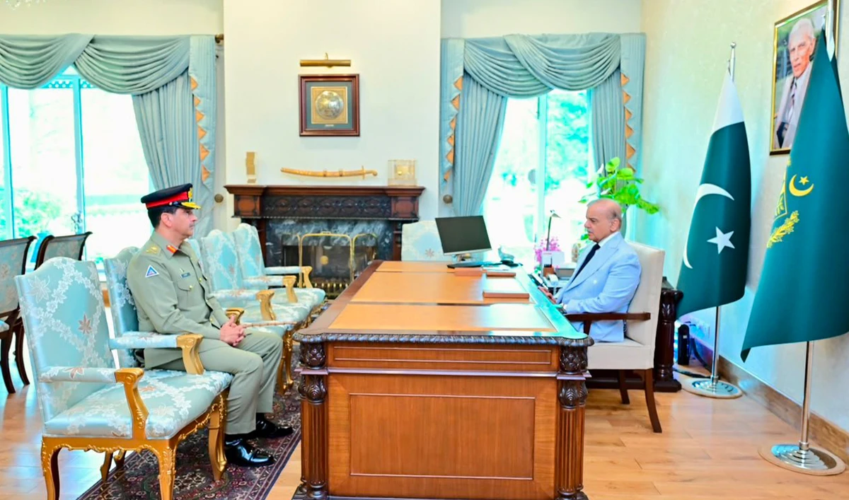 This handout photograph released by Pakistan's Prime Minister Office on July 24, 2026, shows Pakistan Prime Minister Shehbaz Sharif meeting with Lt. Gen. Aamer Raza. (PMO)