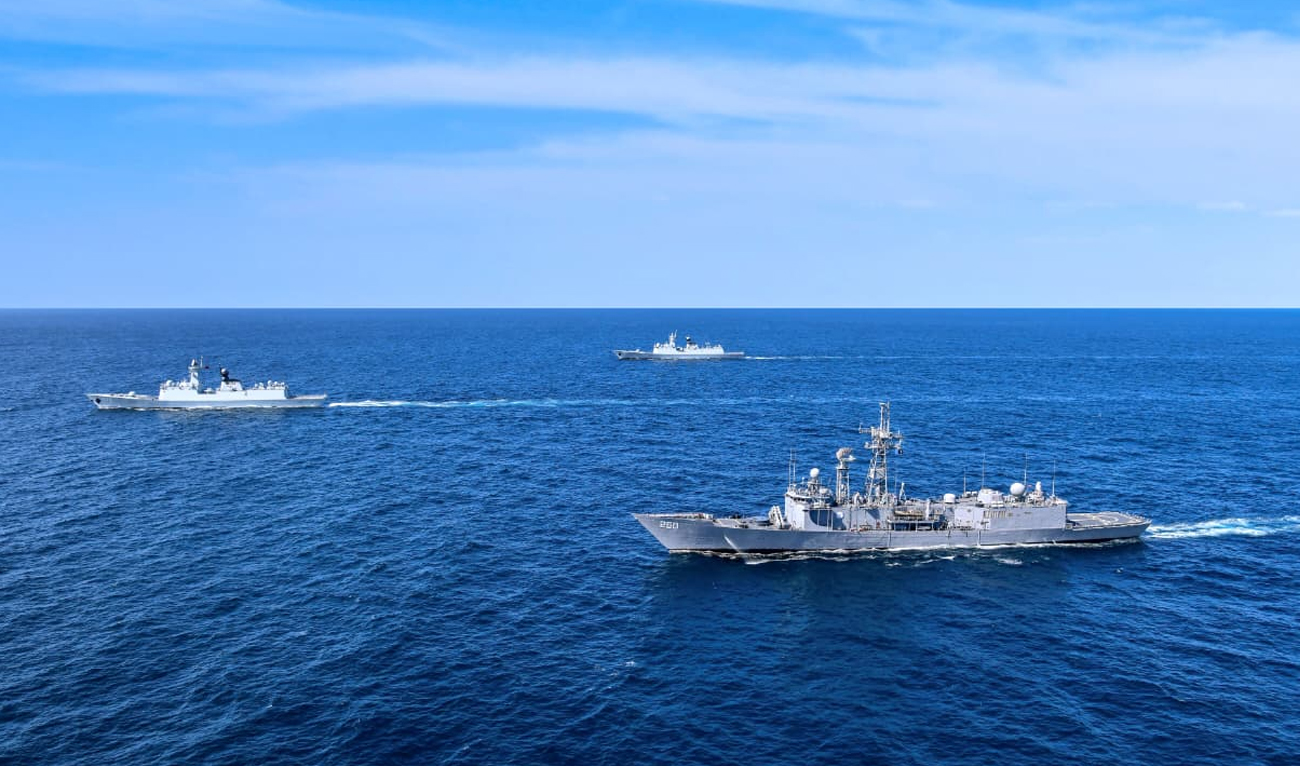 The handout photograph released on April 1, 2026, shows Pakistani and Chinese Naval Ships take part in a seven-day bilateral naval exercise in the north Arabian Sea. (Pakistan Navy/File)