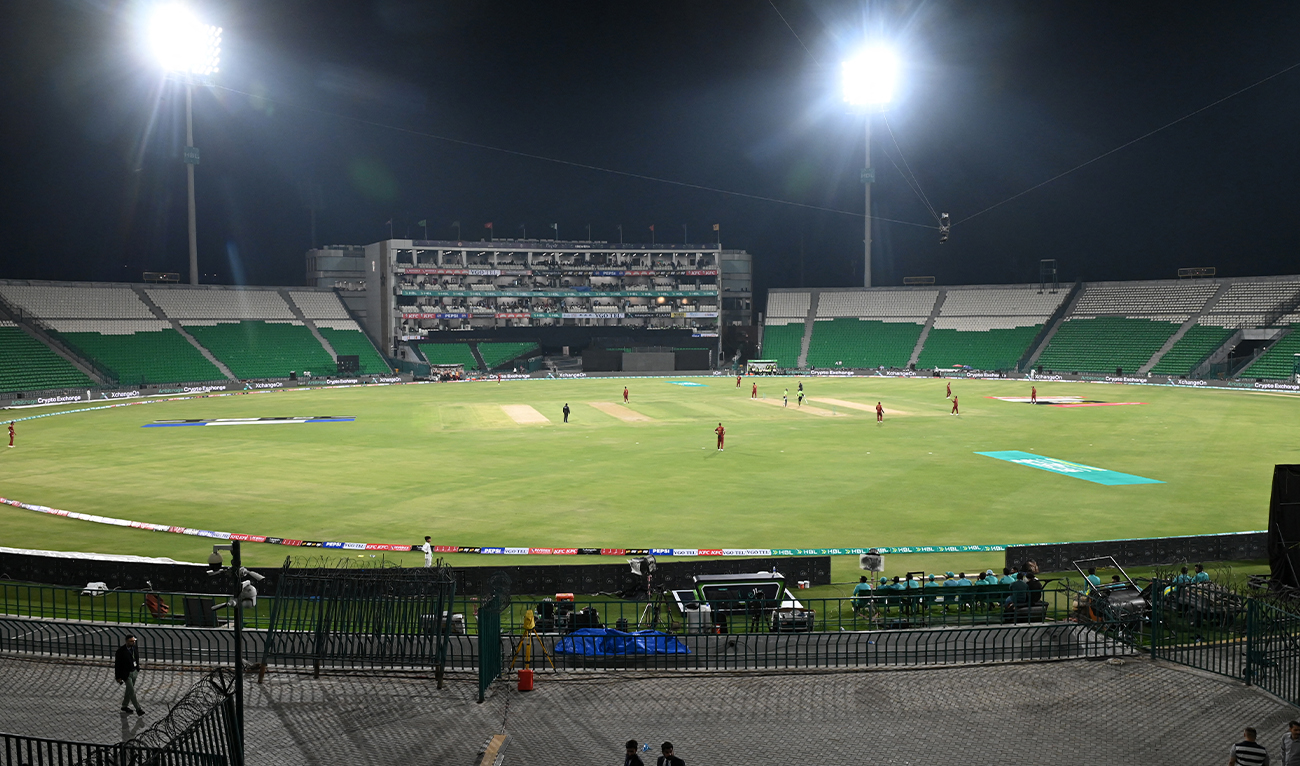 This photograph shows an empty Gaddafi Stadium during the Pakistan Super League (PSL) Twenty20 match between Lahore Qalandars and Hyderabad Kingsmen, in Lahore on March 26, 2026. (AFP/ file)