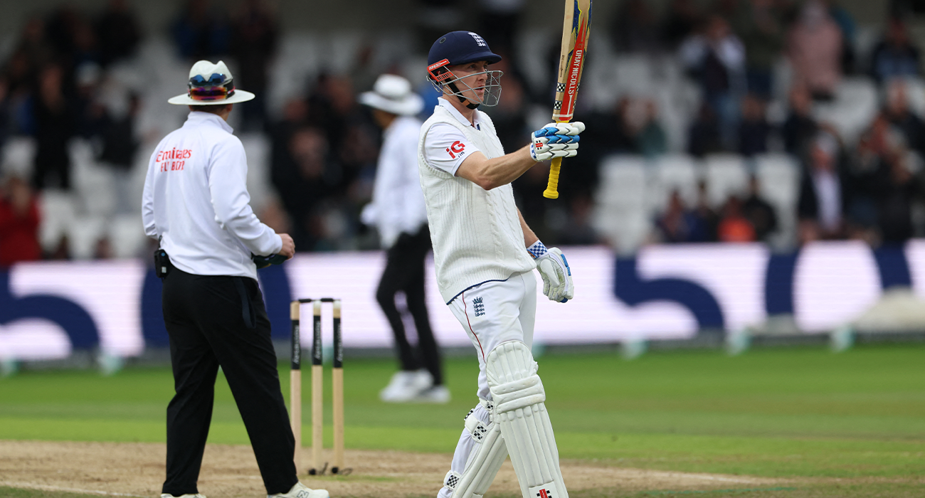 England's Harry Brook celebrates his half-century on day two of the first Test match between England and Pakistan at Headingley cricket ground in Leeds, northern England on August 20, 2026. (AFP)