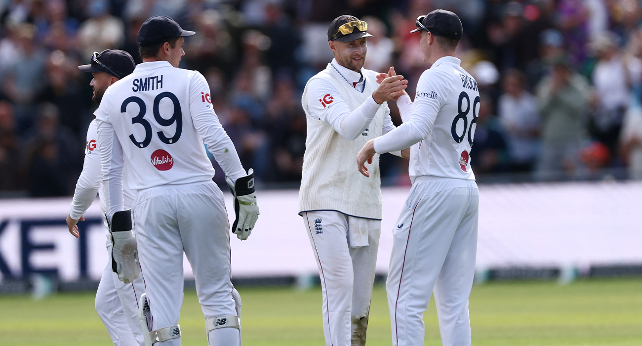 England's Joe Root celebrates with Harry Brook after winning test match against Pakistan in Leeds, Britain, on August 21, 2026, (Reuters)
